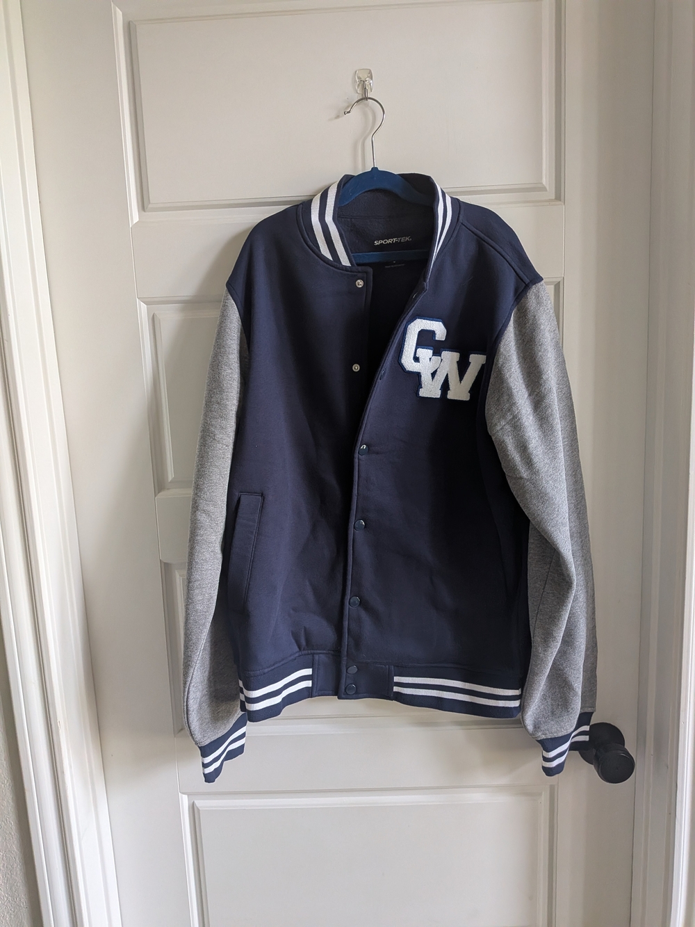 Sport-Tek Navy and Gray Letterman Jacket with GW Patch
